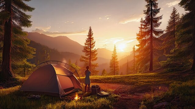 Solitary Camper Silhouetted Against Golden Hour Mountain Sunrise; Peaceful Wilderness Escape and Outdoor Adventure Photography
