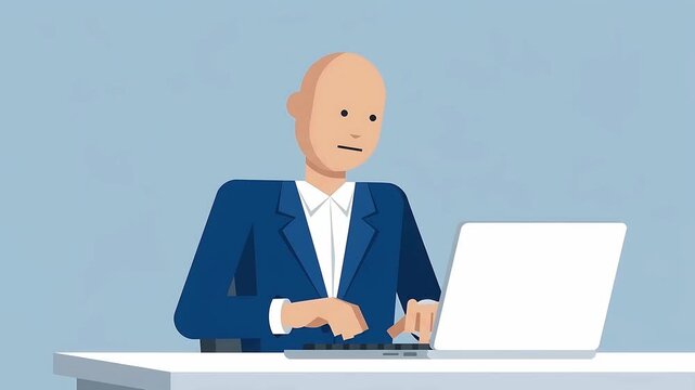 Animated Cartoon Businessman Working on Laptop at Office Desk. Bald Professional Typing with Focus.