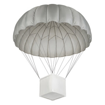 White delivery box suspended from a large grey parachute floating gently against a clean white background