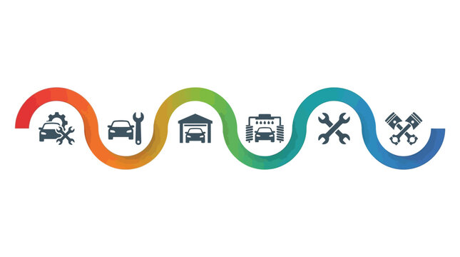 Colorful infographic timeline showing automotive maintenance icons featuring vehicle repair tools and professional garage service steps