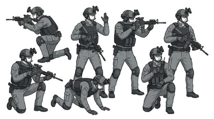 Naklejka premium Tactical soldiers group performing military maneuvers in a flat vector illustration style for modern design projects