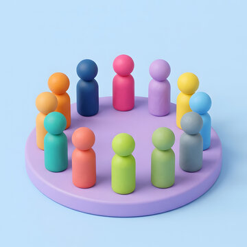 Vibrant colorful plastic peg figures arranged in a circular formation on a solid purple platform surface