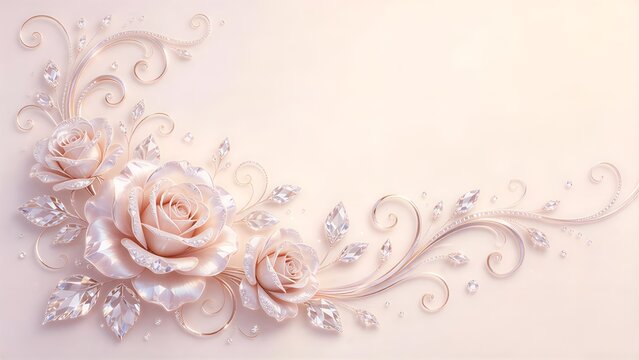 Pearly pale pink beige roses, crystal glass leaves, elegant undulating garland, premium wallpaper backdrop, graceful delicate swirling scrolls with rose gold accents, plain creamy ivory background