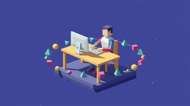 3D Isometric Animation: Creative Professional Working on Computer with Abstract Geometric Shapes