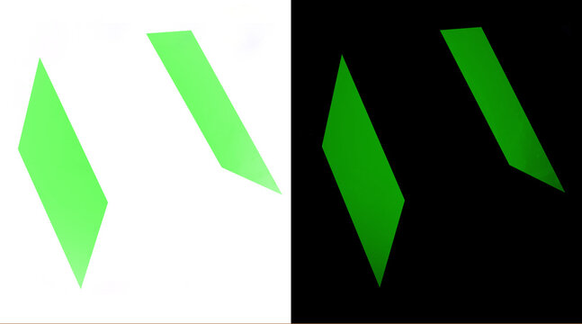 Minimalist green geometric parallelogram shapes, abstract neon green polygons on black and white backgrounds, modern graphic design elements