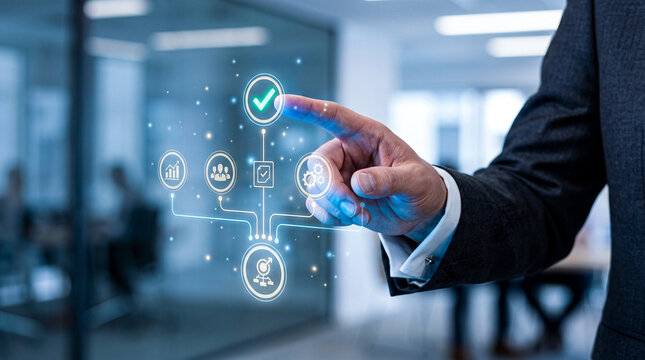 Businessman interacting with digital business process management icons and workflow automation interface in modern office