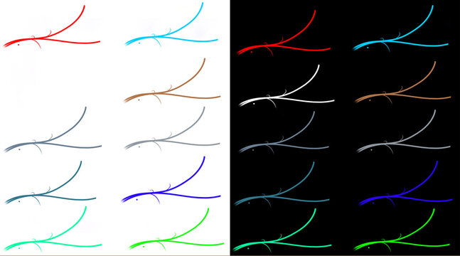 Minimalist curved line set, colorful abstract wave strokes on black and white backgrounds, 22 graphic design elements for motion and branding