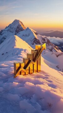 Golden upward trending graph icon on snow-covered mountain peak at sunrise, symbolizing growth, investment, success and business achievement in a stunning landscape.