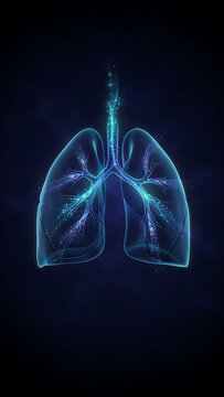 Digital illustration of human lungs showing glowing bronchi and internal respiratory system structure