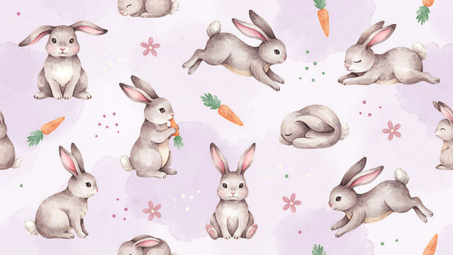 Seamless pattern with cute hand-drawn bunnies. Spring and Easter design. Gray rabbits jumping and resting with orange carrots and pink flowers on pastel background.