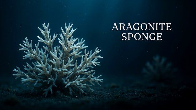 Closeup of a white aragonite sponge structure on a deep dark ocean floor