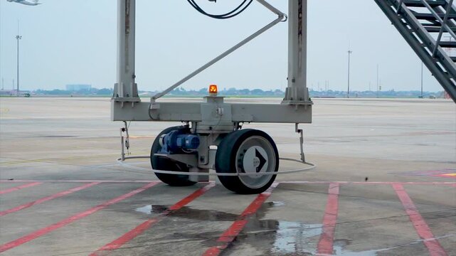 Heavy Duty Airport Jetway Drive Wheel Mechanism Close Up View Commercial Aircraft Ground Handling Equipment Aviation Terminal Apron Operational Service Technology Transport Logistics Machinery