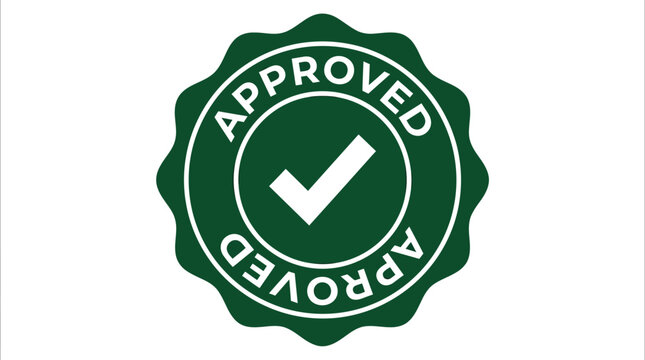 Green circular approved stamp featuring white checkmark icon for professional quality control and business certification