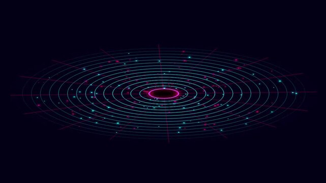 Glowing cyan and pink futuristic cyber radar grid with concentric circles and data nodes against a dark background motion graphic loop