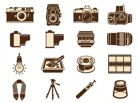 Vintage Photography and Film Camera PNG Set Featuring DSLR, Twin Lens Reflex, Film Roll, Camera Lens, Light Bulb, Developing Tray, Film Strip, Tripod, and Photo Studio Clipart Elements