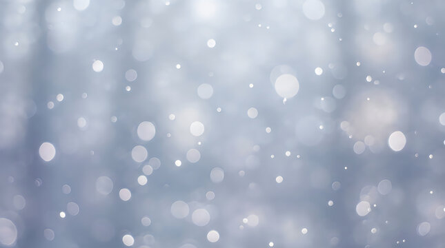 Abstract background featuring soft white glowing bokeh circles and light particles floating against a dreamy blurred cool blue and grey winter atmosphere backdrop