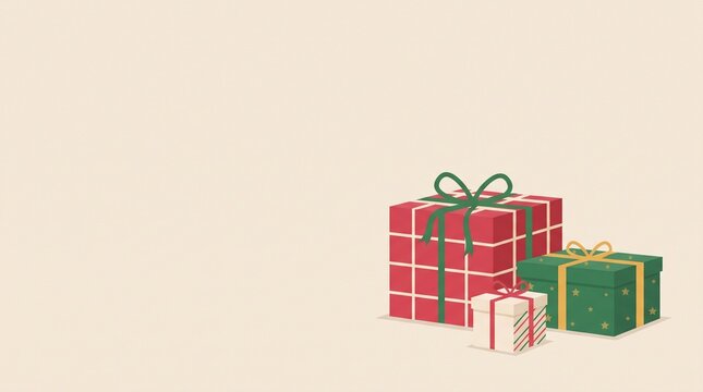 A collection of festive holiday gift boxes with decorative ribbons and minimalist patterns presented on a clean solid light background for winter seasonal celebrations