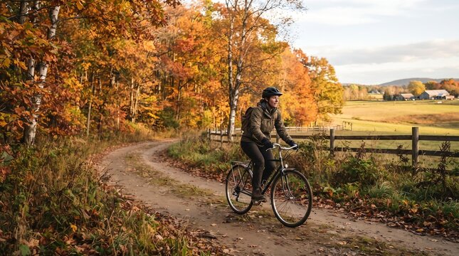 Woman cycling through an autumn countryside trail