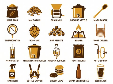 Craft Beer Brewing Process PNG Icon Set Featuring Malt Grain, Hop Cone, Brewing Kettle, Fermentation Tank, Yeast Packet, Burner, Bottle Capper, Crown Cap, and Craft Beverage Clipart