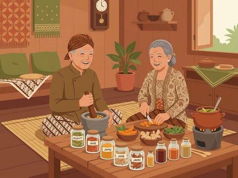 Elderly Couple Preparing Traditional Jamu &mdash; Javanese Wellness