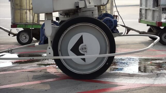 Detailed Side View of Motorized Passenger Jet Bridge Wheel Unit Maneuvering Across Airport Apron Floor