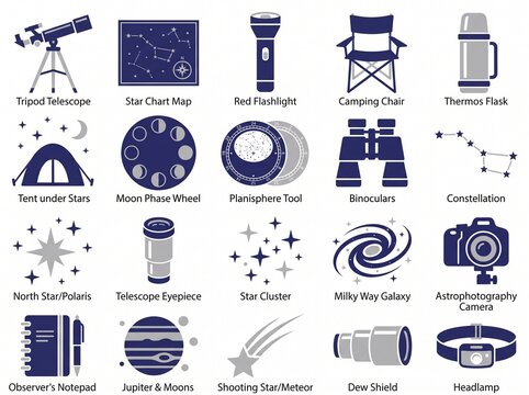 Astronomy and Stargazing PNG Icon Set Featuring Star Chart, Moon Phases, Flashlight, Telescope, Binoculars, Constellation, Shooting Star, Milky Way, Planisphere, and Galaxy Clipart