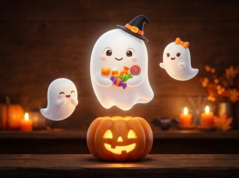 Adorable cartoon ghosts with witch hat and candy floating above glowing jack-o'-lantern in cozy Halloween autumn scene
