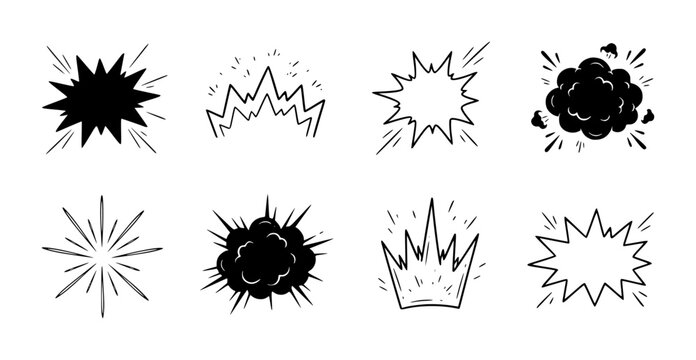Set of hand-drawn comic book explosion and impact effects isolated on a white background for
