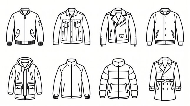 Vector icon of men outerwear coats and jackets set including bomber jacket, leather jacket, trench coat, and parka