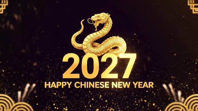 Golden snake and fireworks for Chinese New Year celebration
