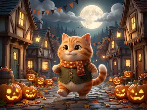 Adorable Ginger Kitten Strolls Through Whimsical Halloween Village with Glowing Jack-O'-Lanterns and Cozy Cottage Lights