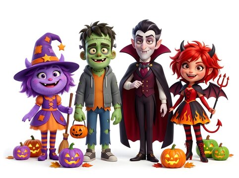 Cheerful Cartoon Halloween Quartet Featuring Witch, Zombie, Vampire, and Devil Mascots with Colorful Jack-O'-Lanterns and Whimsical Accessories