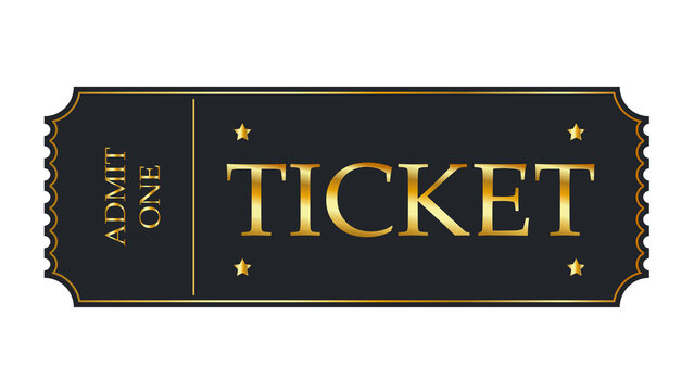 Black ticket with gold typography and admit one text isolated on white background event ticket cinema ticket golden ticket admission metallic entertainment celebration illustration