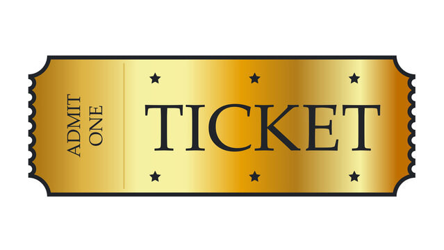 Golden ticket with admit one text and metallic gradient texture gold ticket event ticket cinema ticket white background metallic admission entertainment celebration illustration