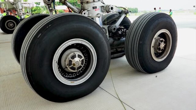 Detailed view of heavy duty main landing gear assembly and rubber tires on commercial passenger aircraft, airport ground operations, airplane mechanical system and flight safety engineering