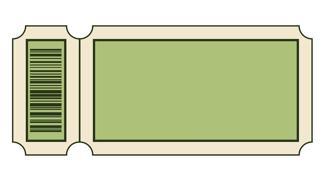 Green vintage ticket stub with barcode and perforated tear off edge on white background event ticket cinema ticket perforated admission entertainment illustration template isolated