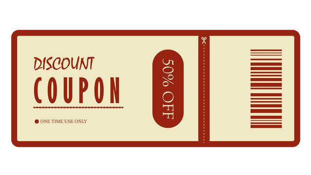 Red discount coupon voucher template offering fifty percent off with barcode and red border white background 50 percent promotion template business shopping commerce marketing isolated