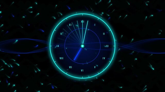 Futuristic neon clock animation with spinning hands