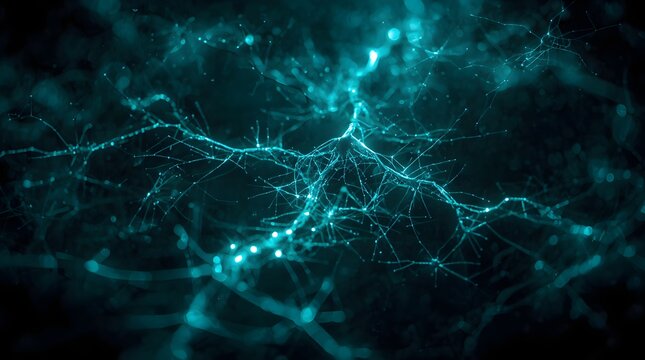 Digital background material of AI and science depicting glowing nerve cells and network expansion