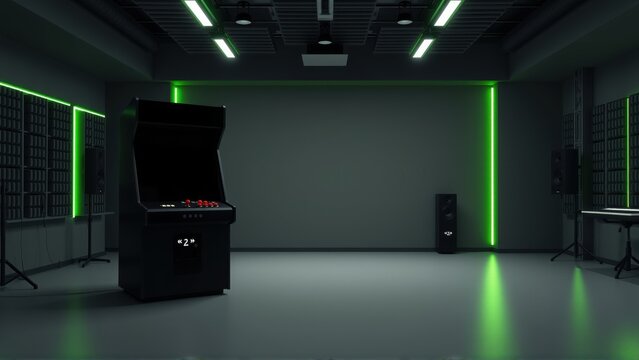 Dark room features arcade machine, glowing green lights, speakers. Minimalist design creates modern gaming space. Clean, sleek aesthetic.
