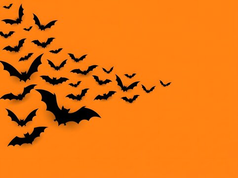 Eerie Flock of Black Bat Silhouettes Soaring Against Vibrant Orange Gradient Sky Background for Spooky Halloween Designs
