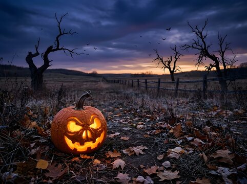 Eerie Glowing Jack-O'-Lantern Illuminates Mysterious Twilight Field with Hauntingly Carved Face Amidst Barren Trees and Fallen Leaves