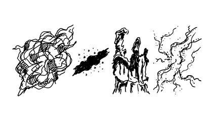 Fototapeta premium Simple doodle line art gracefully displaying abstract smoke wisps dark ink splash and lightning