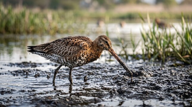 Black-tailed Godwit foraging in muddy wetland. Shorebird hunting food in marsh.
