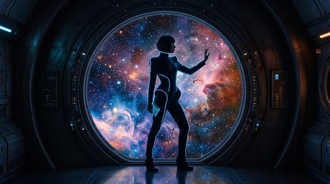 Silhouette of a woman standing in a futuristic spaceship looking out at a colorful nebula in space.
