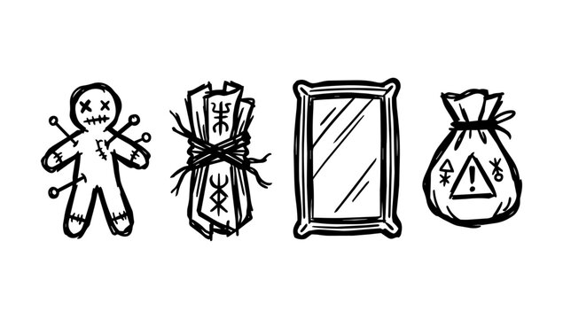 Voodoo doll cursed scroll magic mirror and pouch beautifully captured in minimalist doodle art
