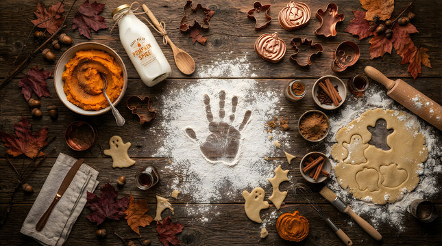 Making autumn cookies with flour handprint on dark wooden table with pumpkin decorations and tools