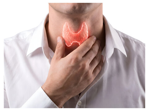 Man touching neck suffering from thyroid gland inflammation and goiter pain