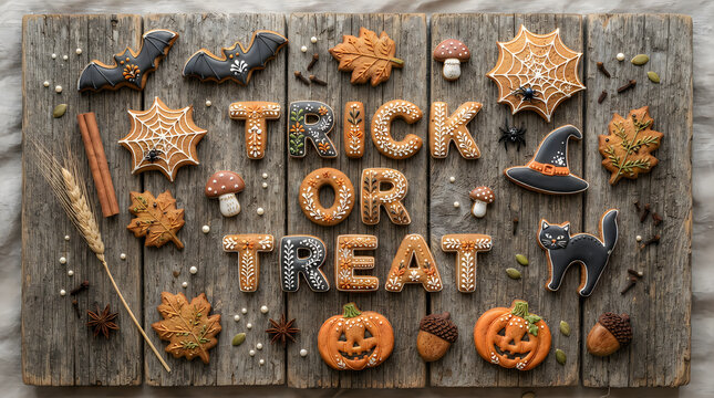 Trick or treat halloween cookies shaped like pumpkins bats and cats on a rustic wooden board