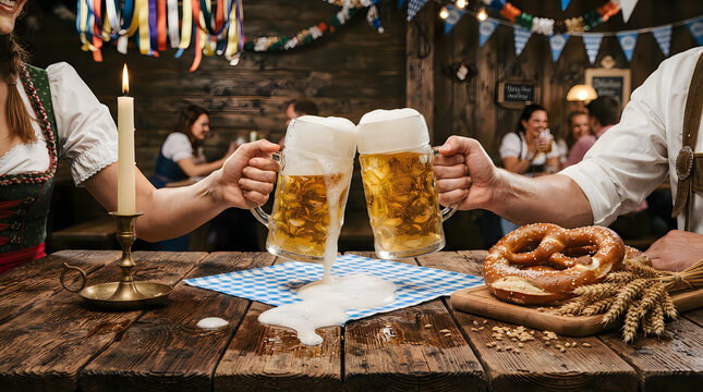 Friends in traditional clothing clinking beer mugs with soft foam at a rustic wooden tavern table